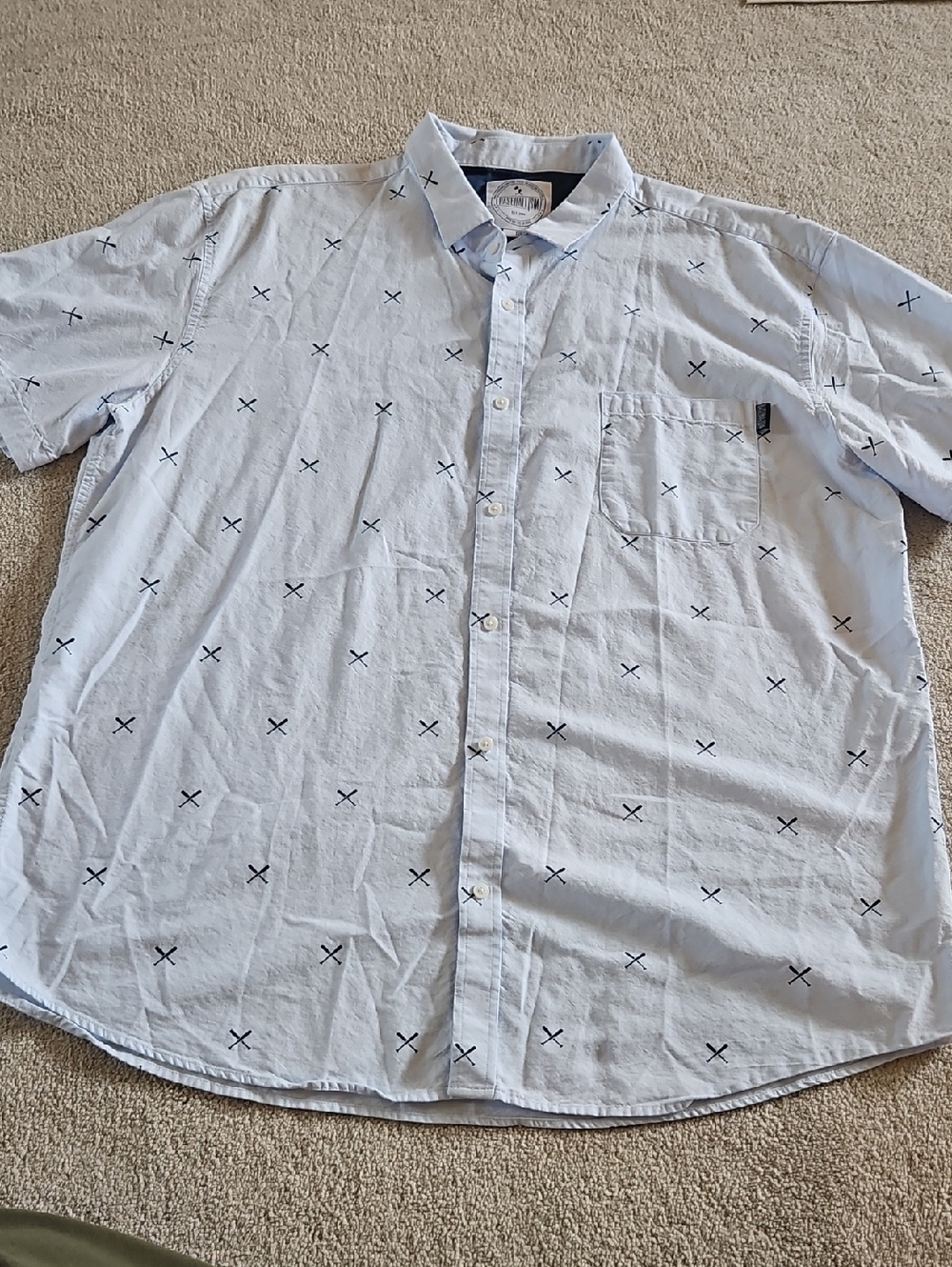 Men's Light Blue Short-Sleeve Button-Up Shirt with Navy Baseball Bats Print